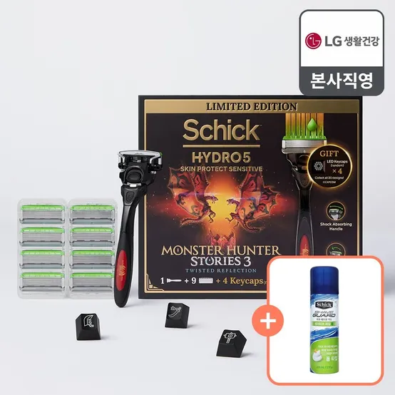 [APP전용] [몬스터헌터 에디션]쉬크 하이드로5 스킨프로텍트 센서티브 면도기 핸들+날9+랜덤 키캡 4종+라임폼200g