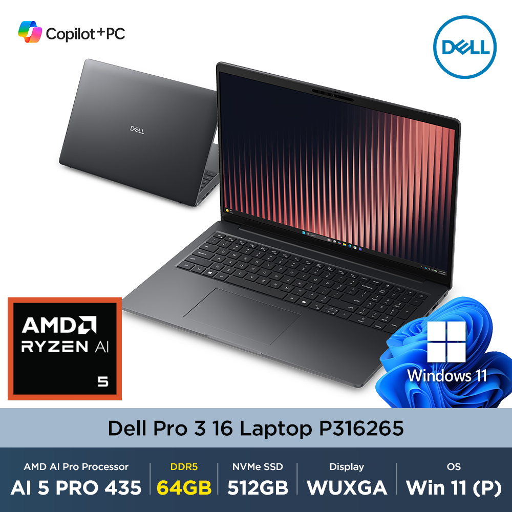 델 Dell Pro 3 16  P316265 AMD Ryzen AI 5 435 64GB 512GB Win11Pro 16인치 WUXGA 주식용 비즈니스 노트북