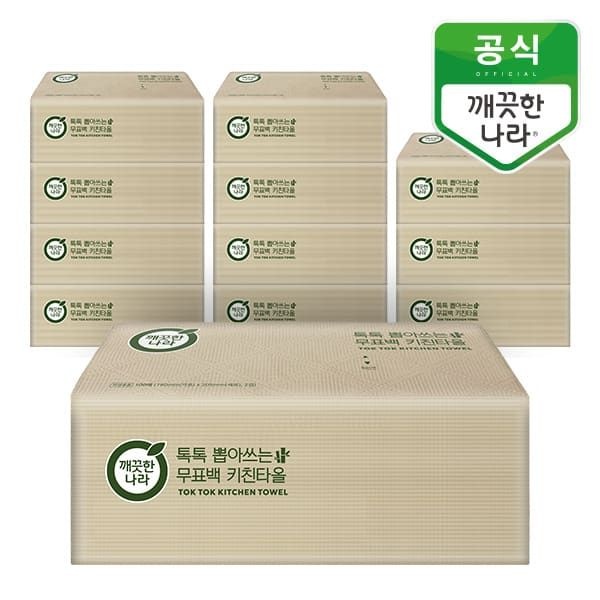 깨끗한나라 (현대홈쇼핑) 깨끗한나라 톡톡 뽑아쓰는 무표백 키친타올 100매 x 12팩