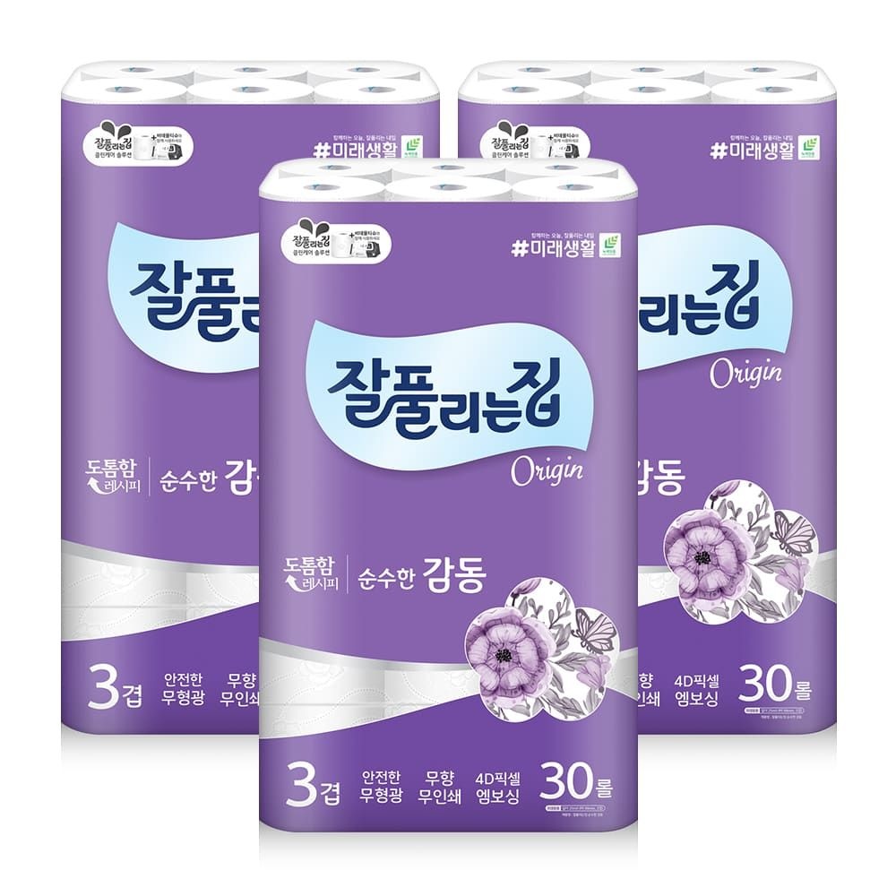 잘풀리는집 (현대Hmall) [잘풀리는집] 순수한감동 3겹 무형광 화장지 (25m x 30롤) X 3개