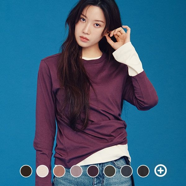 여성 가을 간절기 라운드넥 솔리드 무지 면 문가영 긴팔 티셔츠 326903