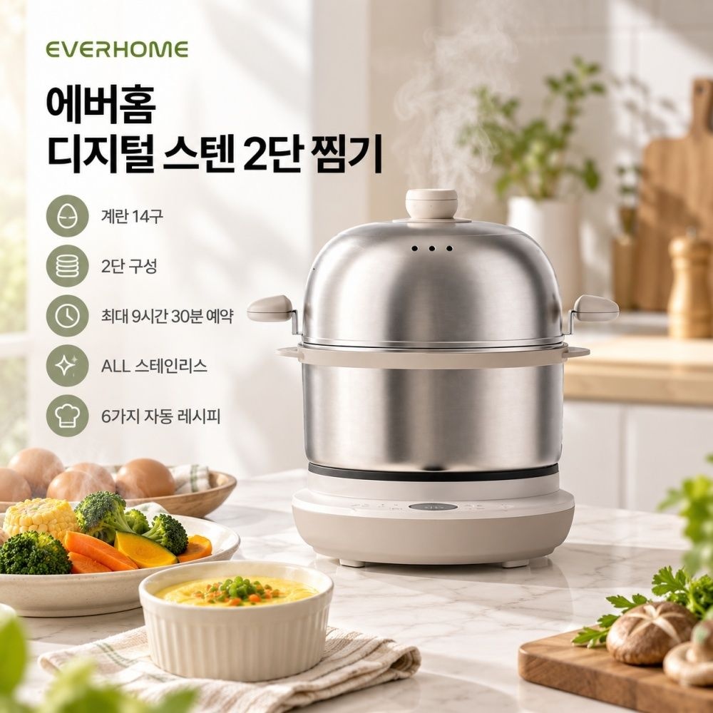 에버홈 디지털 스텐 2단 전기찜기 계란14구 스테인리스찜기 2단찜기 계란찜기