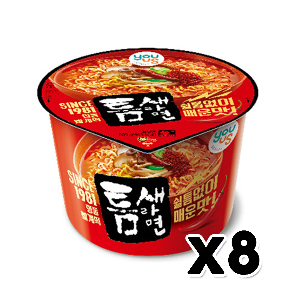 유어스 틈새라면 컵라면 매운맛 큰컵 105g x 8개