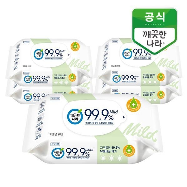 깨끗한나라 [하프클럽]깨끗한나라 클린 손소독티슈 마일드 휴대형 20매 5팩