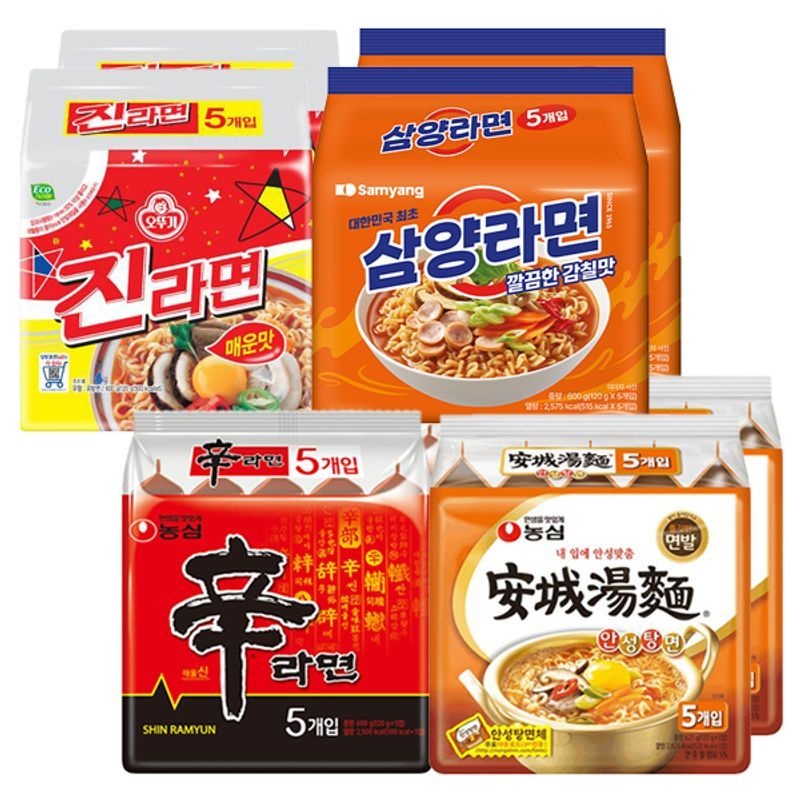 농심 신라면 10개 + 안성탕면 10개 + 오뚜기 진라면 10개 + 삼양라면 10개