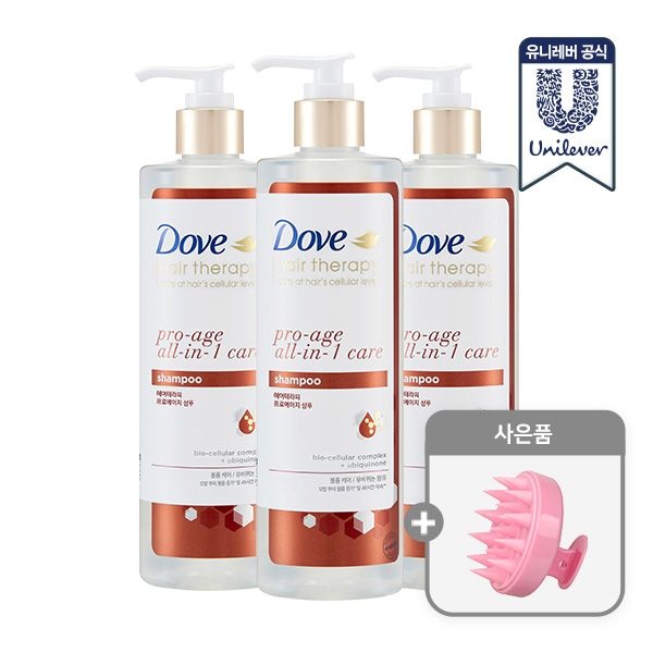 [소비기한 27년 3월 1일까지/최종가 11,900원]도브 헤어 테라피 샴푸 380ml x 3개 (2종 택1) +)샴푸브러쉬 증정