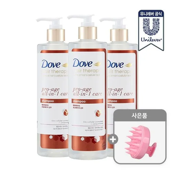 [소비기한 27년 3월 1일까지/최종가 11,900원]도브 헤어 테라피 샴푸 380ml x 3개 (2종 택1) +)샴푸브러쉬 증정