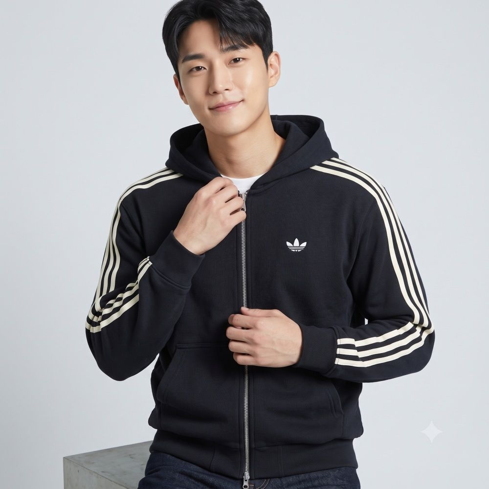 아디다스 오리지널 삼선 트레포일 풀집 후드집업 블랙/크림화이트 KC9315 (KR핏/남성가을코디)
