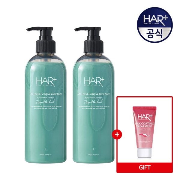 [헤어플러스] 오프레시 딥 허벌 스칼프 헤어 두피팩 500ml X2개 + 실크트리트먼트 50ml / 쿨링 토닉 스크럽 앰플 탈모