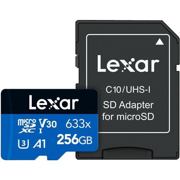 Lexar [해외] Lexar 렉사 고성능 633x 256GB microSDXC UHS I 카드 SD 어댑터 포함 C10 U3 V30 A1 Full HD 4K 비디오 지원 최대 100MB s 읽기 속도