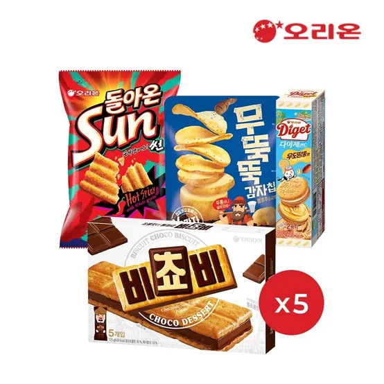 오리온 비쵸비 125g 5개 + 무뚝뚝 감자칩 60g 5개 + 다이제샌드 우도땅콩 98g 5개 + 썬 핫스파이시 80g 5개