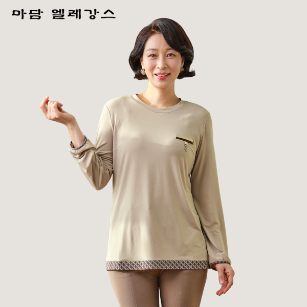 [패션플러스][마담엘레강스][마담엘레강스] 체크 배색 라운드 블라우스 K241BL01_베이지