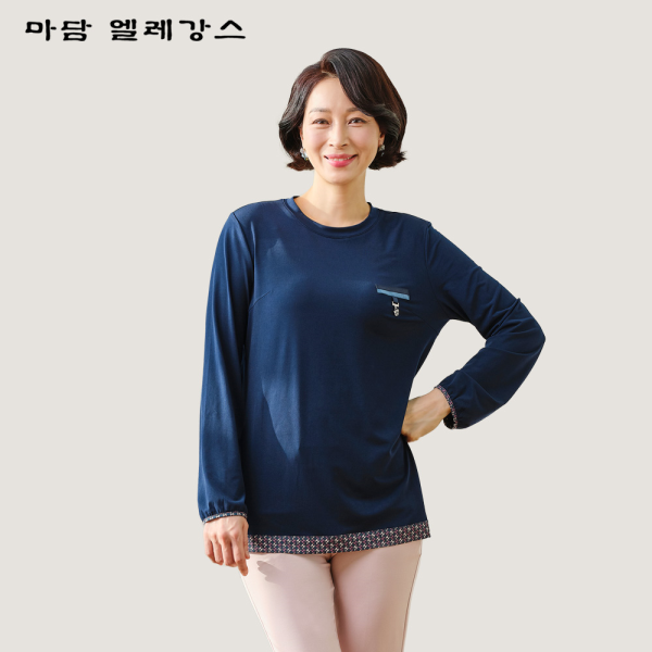 [패션플러스][마담엘레강스][마담엘레강스] 체크 배색 라운드 블라우스 K241BL01_네이비