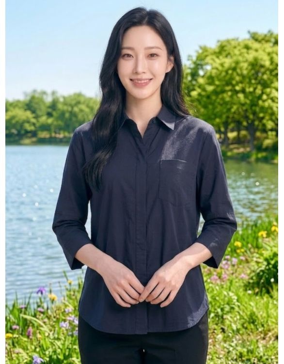 봄옷 올리비아하슬러 네이비 히든 나염배색 셔츠 OHCMBL105