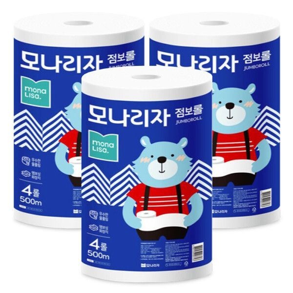 모나리자 점보롤 500m 4롤 x 3개 12롤 엠보싱 1겹 대용량 화장실 롤 휴지 화장지 티슈 업소용