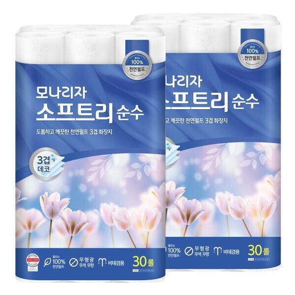 모나리자 모나리자 천연펄프 소프트리 순수 3겹 화장지 30M 30롤 2팩 (네이버페이 증정) 700865