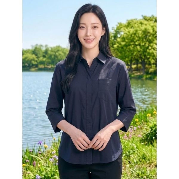 올리비아 하슬러 [하프클럽]네이비 히든 나염배색 셔츠 OHCMBL105