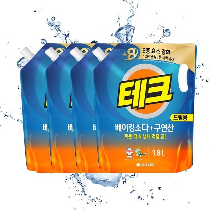 [LG생활건강] LG생활건강 테크 베이킹소다 구연산 액체세제 1.8L 리필 드럼 X 4  TB
