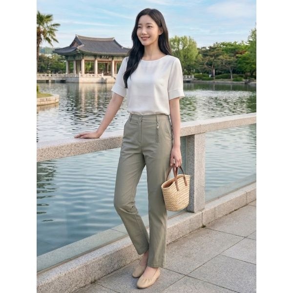 올리비아 하슬러 [하프클럽]라이트카키 레이온 일자핏 배기 팬츠 OHBMPT702