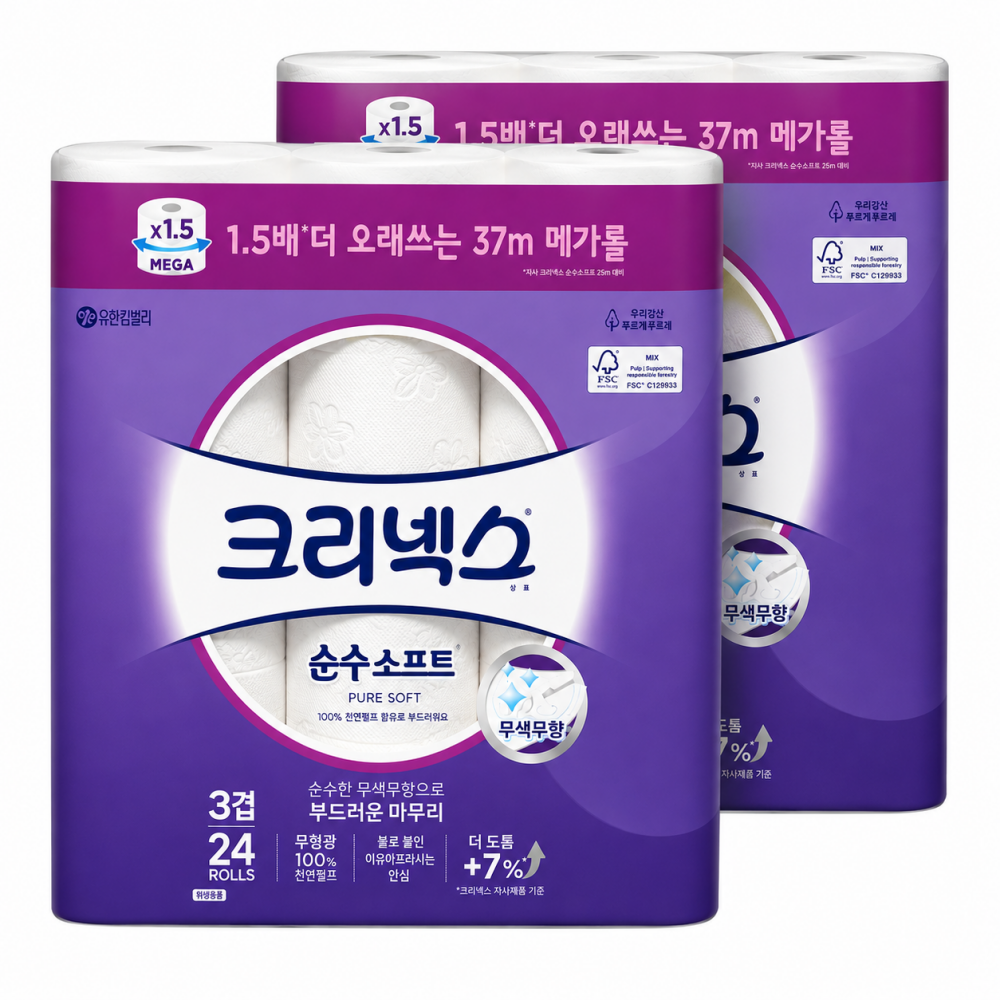 크리넥스 3겹 순수소프트 메가롤 37M 24롤 2팩