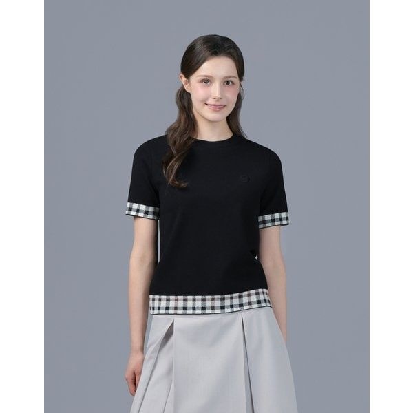 닥스골프 [25SS [ONLINE EXCLUSIVE 여성 블랙 체크 밑단 라운드넥 반팔 스웨터 DNSW5B901BK 509866