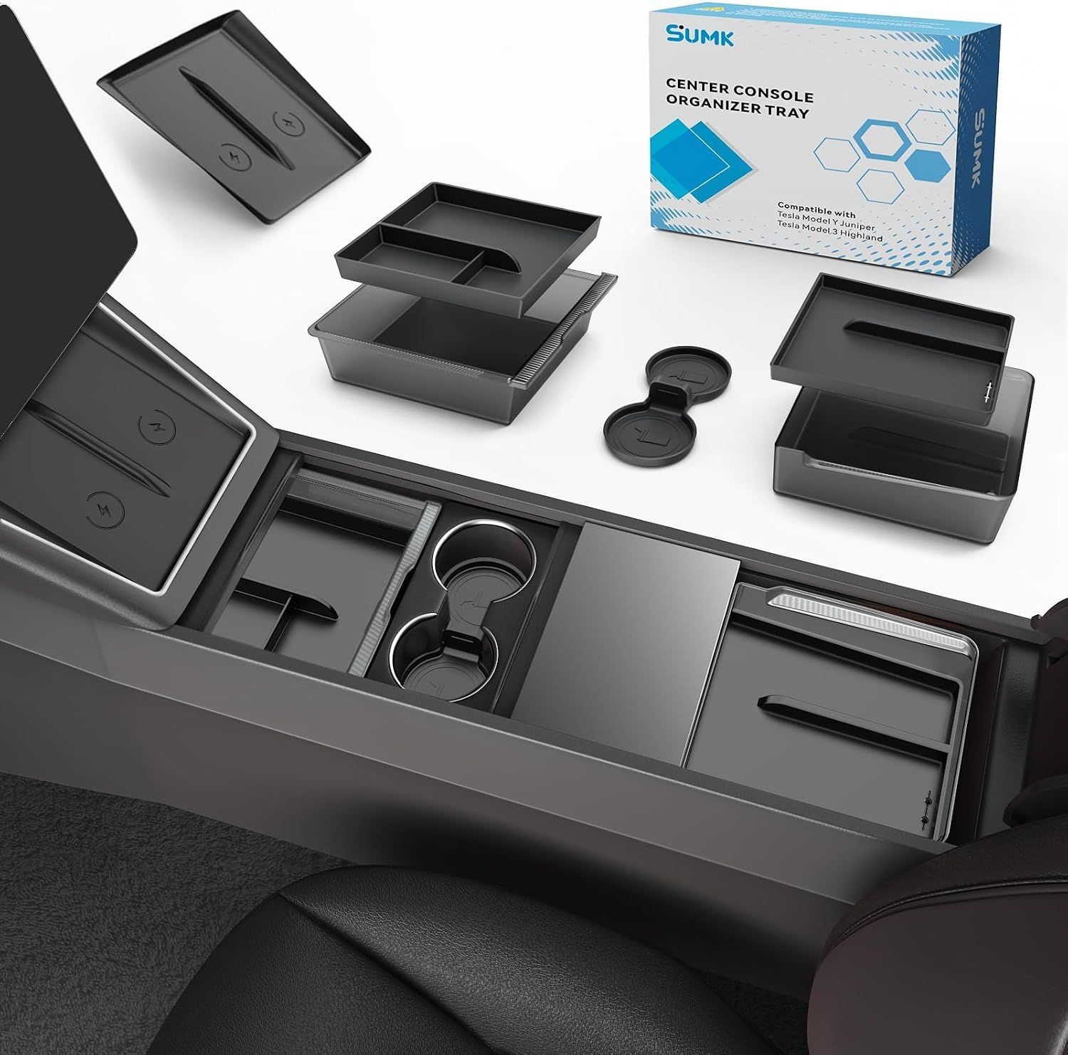 SUMK 6PCS 테슬라 모델 Y/3 액세서리용 센터 콘솔 정리함 2026 | Model Y Juniper 2025-2026(Premium & Performance)/Model 3 2024-2026,