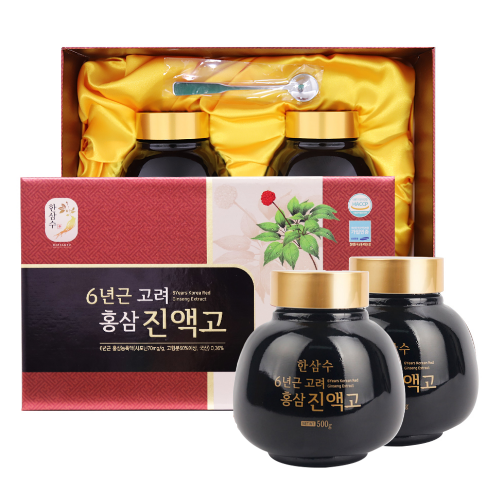 인삼명가 한삼수 6년근 고려홍삼 진액고 500gx2병 선물세트 + 보자기