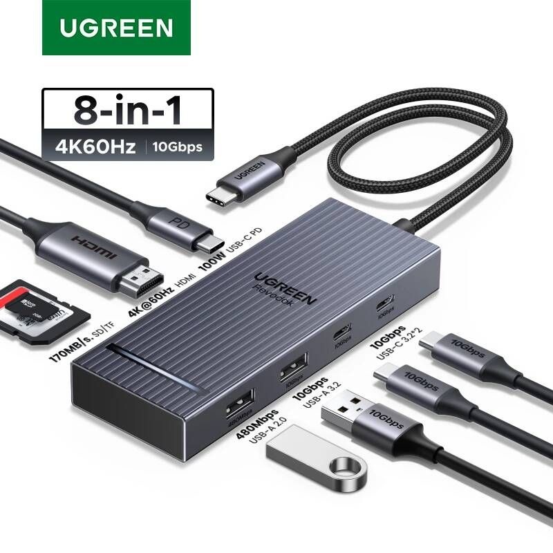 UGREEN [해외] 모니터허브 UGREEN USB 허브 8-in-1 -C to 4K60Hz HDMI USB-AC 32 Gen 2 10Gbps PD100W SDTF 맥북 프로에어 아이패드 프로 XPS 씽크패드