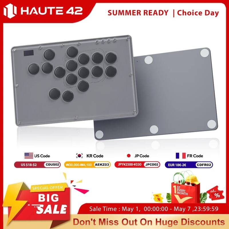 [해외] 조이콘충전독 Haute42 V16 조이스틱 히트박스 레버리스 파이트스틱 PCPS4PS5스위치용 그레이 스틱리스 아케이드 스틱