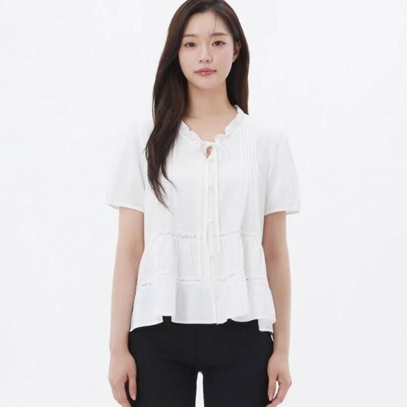 플라스틱아일랜드 여성 브이넥 핀턱 레이스테잎 블라우스 PS2WB071 S7T3V8W1 L4M9N2P5