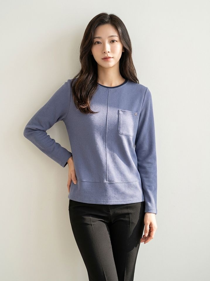 크로커다일레이디 포켓 절개 라운드 넥 티셔츠_CLEWTS102