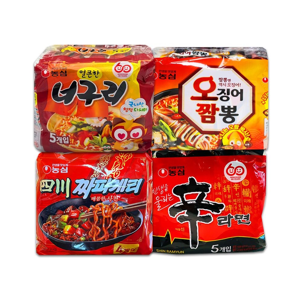 신라면 5봉 + 너구리 5봉 + 사천짜파게티 4봉 + 오징어짬뽕 5봉 (총 19봉)