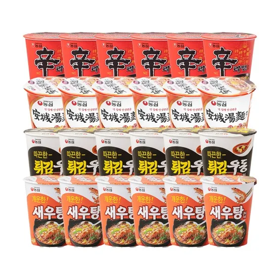 농심 컵라면 4종 세트 24개 (신라면+안성탕면+튀김우동+새우탕면) 소컵 작은컵