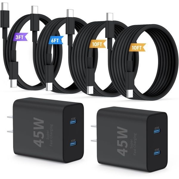 [해외] 초고속 삼성 충전기 Type C 45W 듀얼 포트 USB 고속 블록 2개 팩 초장 60W 3 6 10 10피트 케이블 갤럭시 S25 Ultra S24 S23 아이