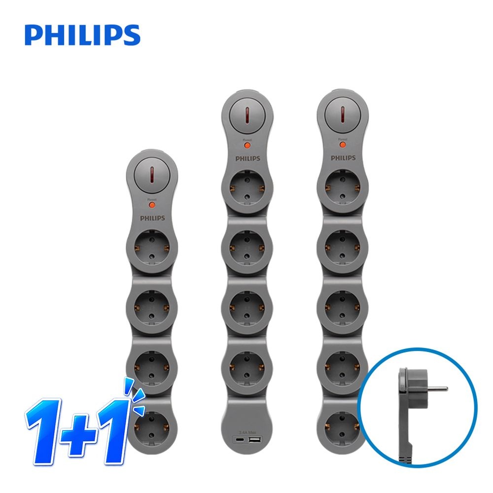 [1+1] 필립스 플렉시블 멀티탭 USB 4000W 4구 5구 3M 고용량 과부하차단 납작 콘센트 그레이