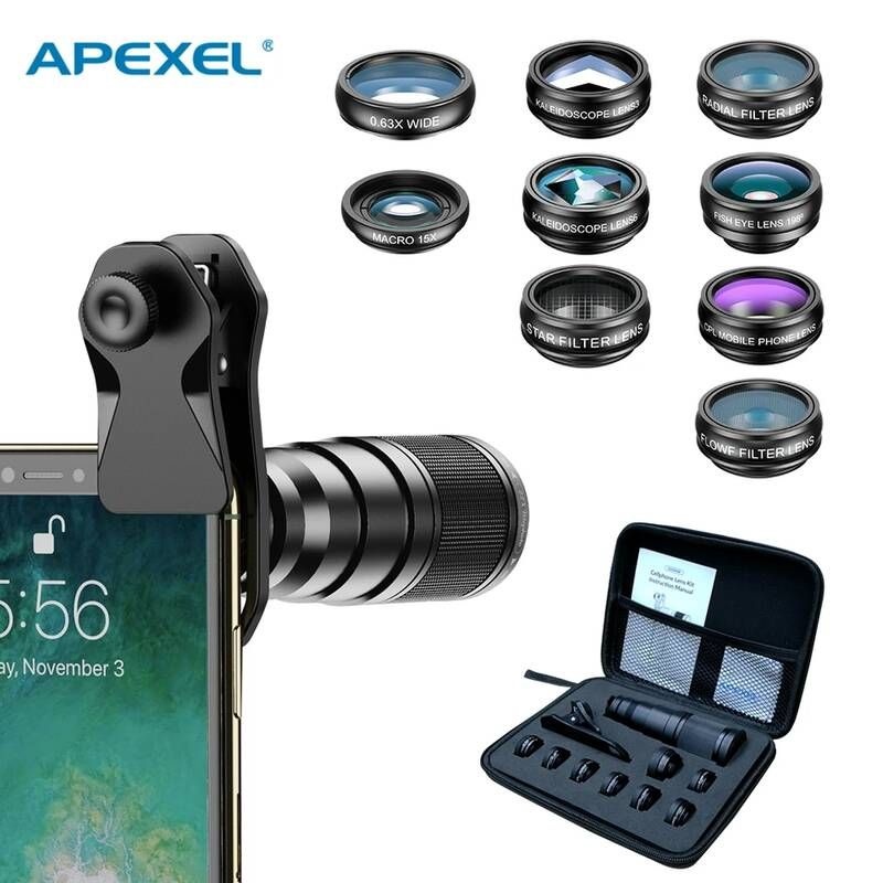 APEXEL [해외] 스마트폰접사렌즈 휴대폰 핸드폰 IPhone APEXEL 22X 망원 렌즈 키트 삼성 10in1세트 전화 카메라 휸대폰 와이드 매크로