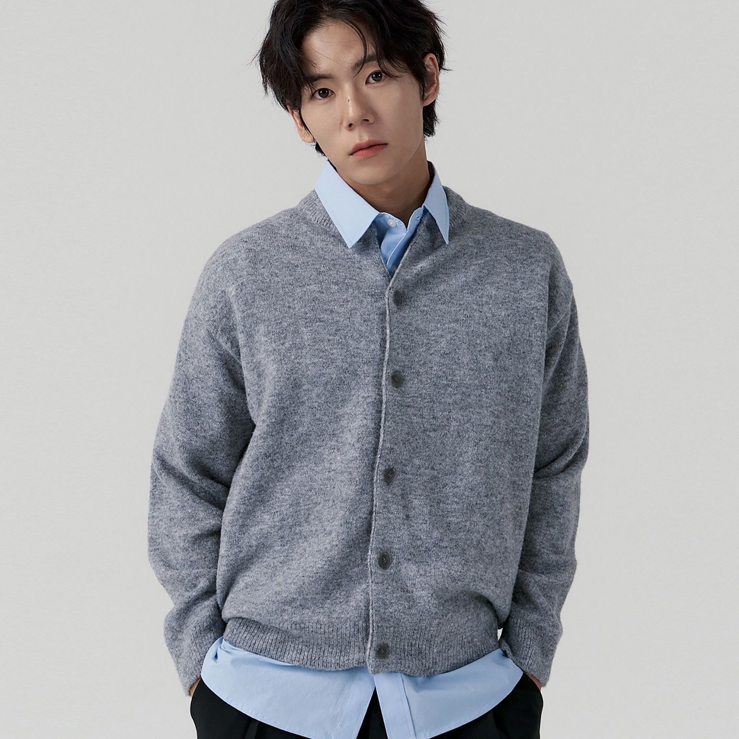 그노크 울 라운드넥 니트 가디건[그레이]