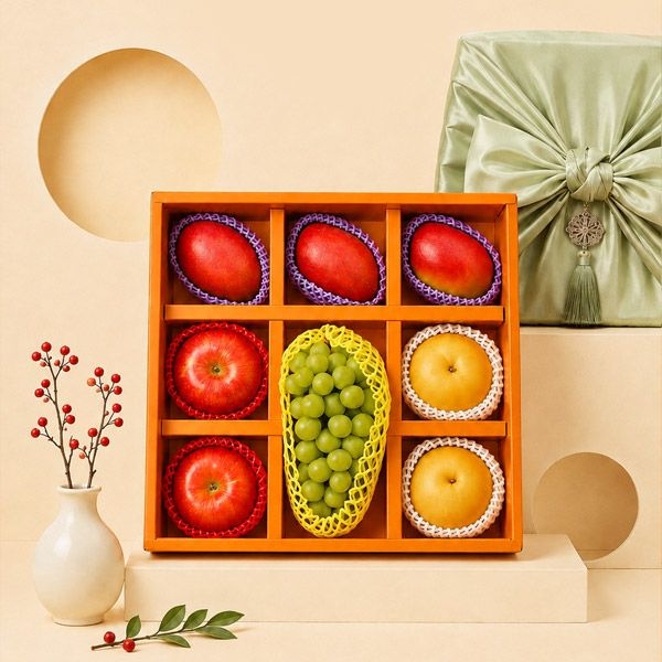 [롯데백화점] 자연맛남 정성가득 4kg(샤인1개+사과2개+배2개+애플망고3) 과일 선물세트 (보자기동봉)