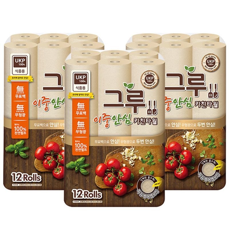 삼정펄프 [삼정펄프] 그루 안심무표백 키친타올 120매x12롤x3팩/천연펄프/UKP