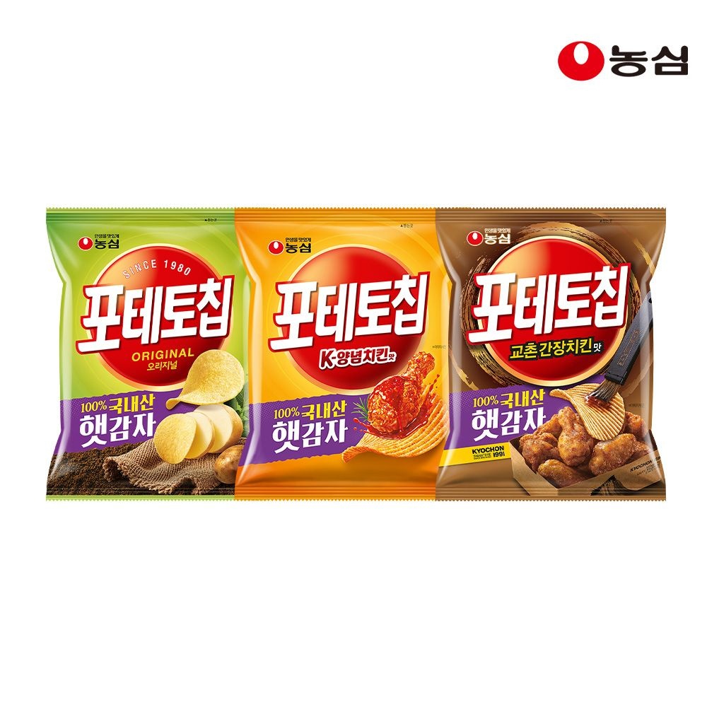 농심포테토칩 농심 포테토칩 오리지널60g + K양념치킨맛50g 교촌간장치킨맛55g 각4개 총 12개