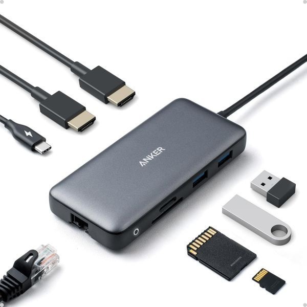 [해외] Anker 앤커 노트북 도킹 스테이션 듀얼 모니터 8 in 1 USB C 허브 4K 지원 HDMI 2개 1Gbps 이더넷 85W Power Delivery SD 카드 리