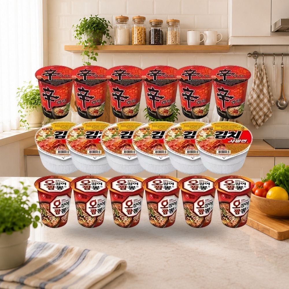 농심 신라면컵 65g 6개 + 김치사발면 86g 6개 + 오징어짬뽕컵 67g 6개