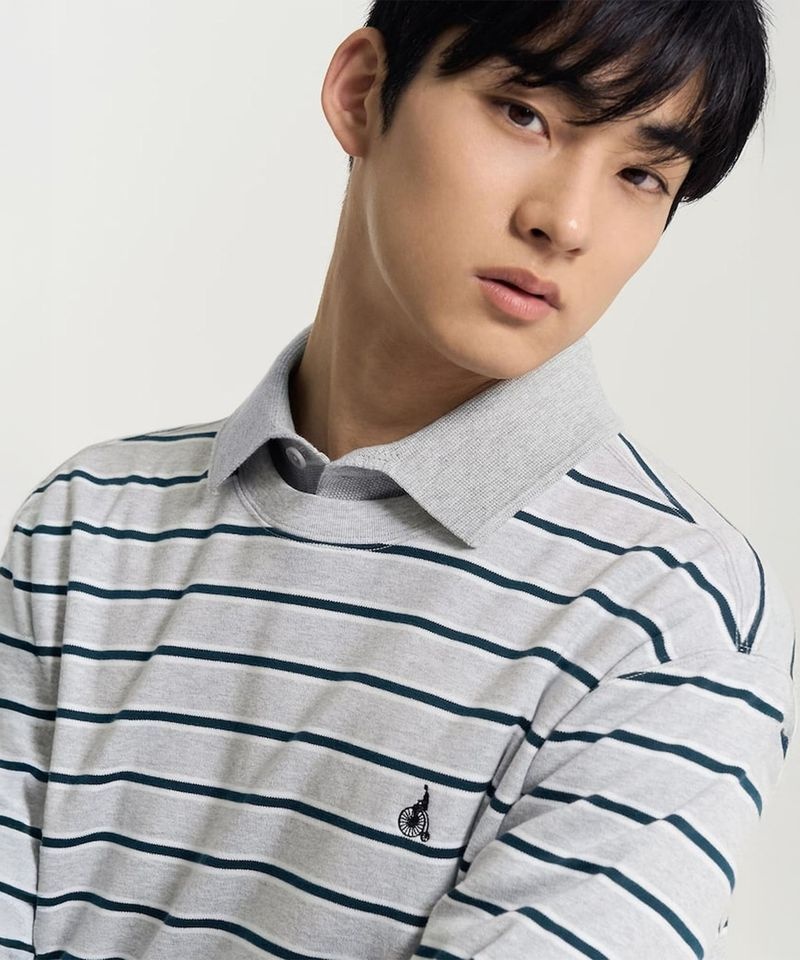 빈폴 BEANPOLE MEN 멀티 스트라이프 라운드넥 긴소매 티셔츠 그레이 BC6241C573 259995