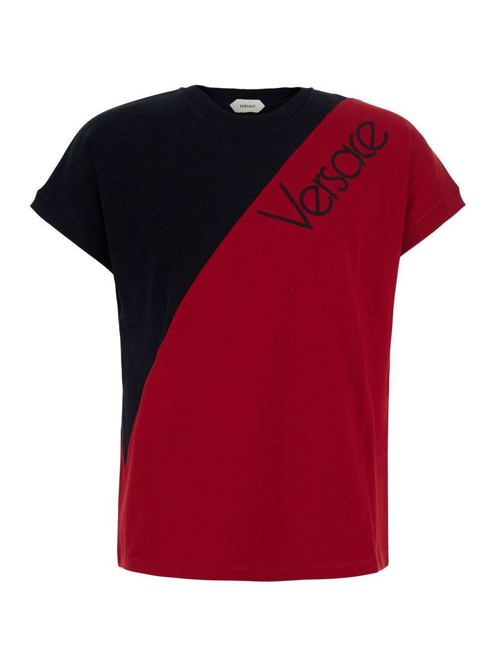 베르사체 26FW 베르사체 블랙 앤 Red 컬러-block T-셔츠 with 로고 레터링 on the 프론트 in 스트레치 코튼 for 맨 10260521A187132BR60