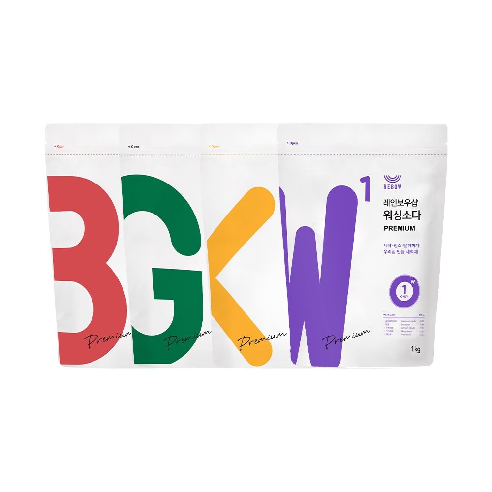 레인보우샵 사총사 프리미엄 세트 총 4kg (과탄산 소다+베이킹 소다+구연산+워싱소다 각1kg)