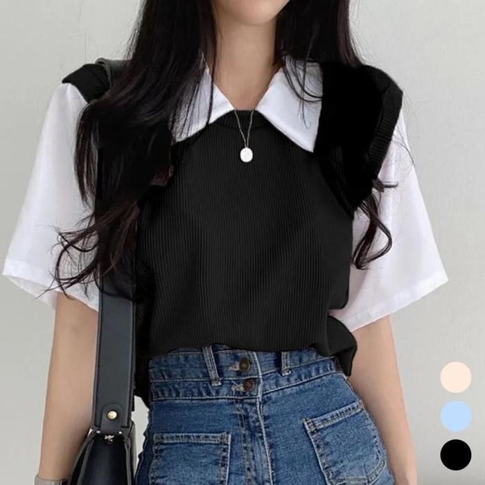[옷자락]옷자락 필라렌 레이어드 카라넥 반팔티셔츠 미니멀