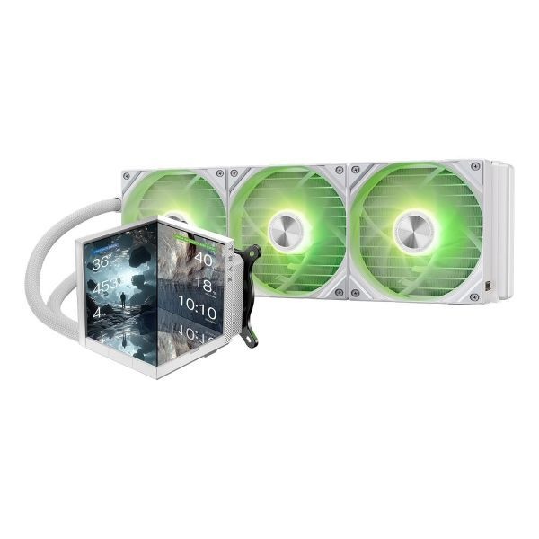 [해외] TRYX 트릭스 Stage 360 ARGB 360mm AIO 화이트 4.0'' IPS 듀얼 스크린 맞춤형 쿨러 LCD 디스플레이 254PPI Asetek 7세대 V2 280w TDP RO