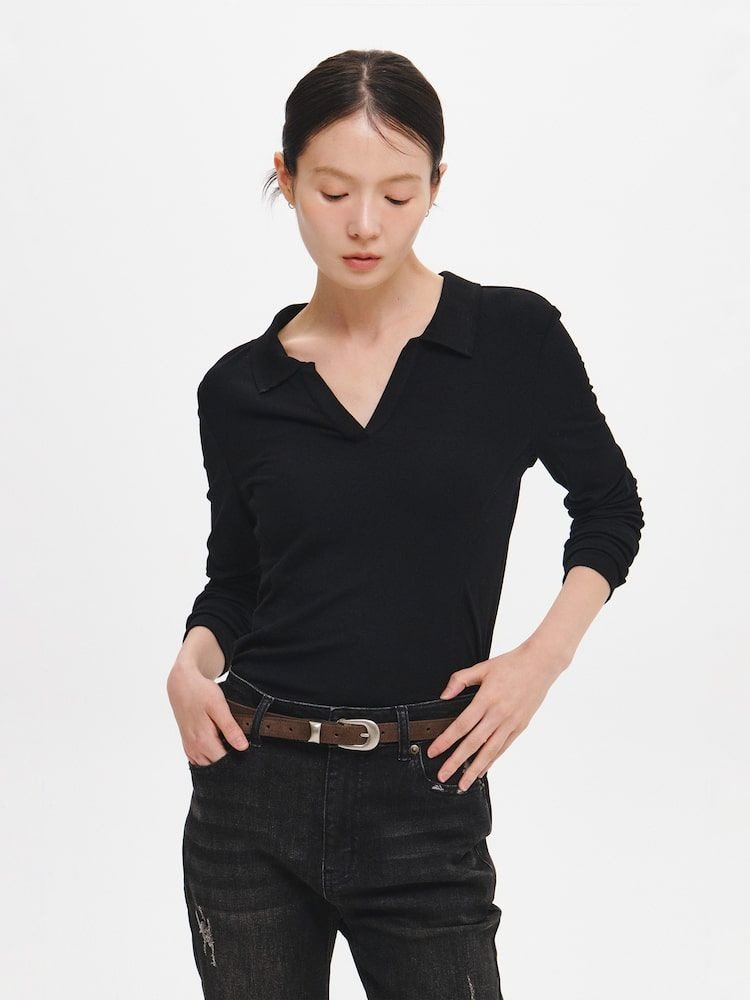 GENERAL IDEA 연휴특가 ~27일 WOMAN 컷 디테일 오픈카라 티셔츠 BLACK / GF3LTS509 1478680