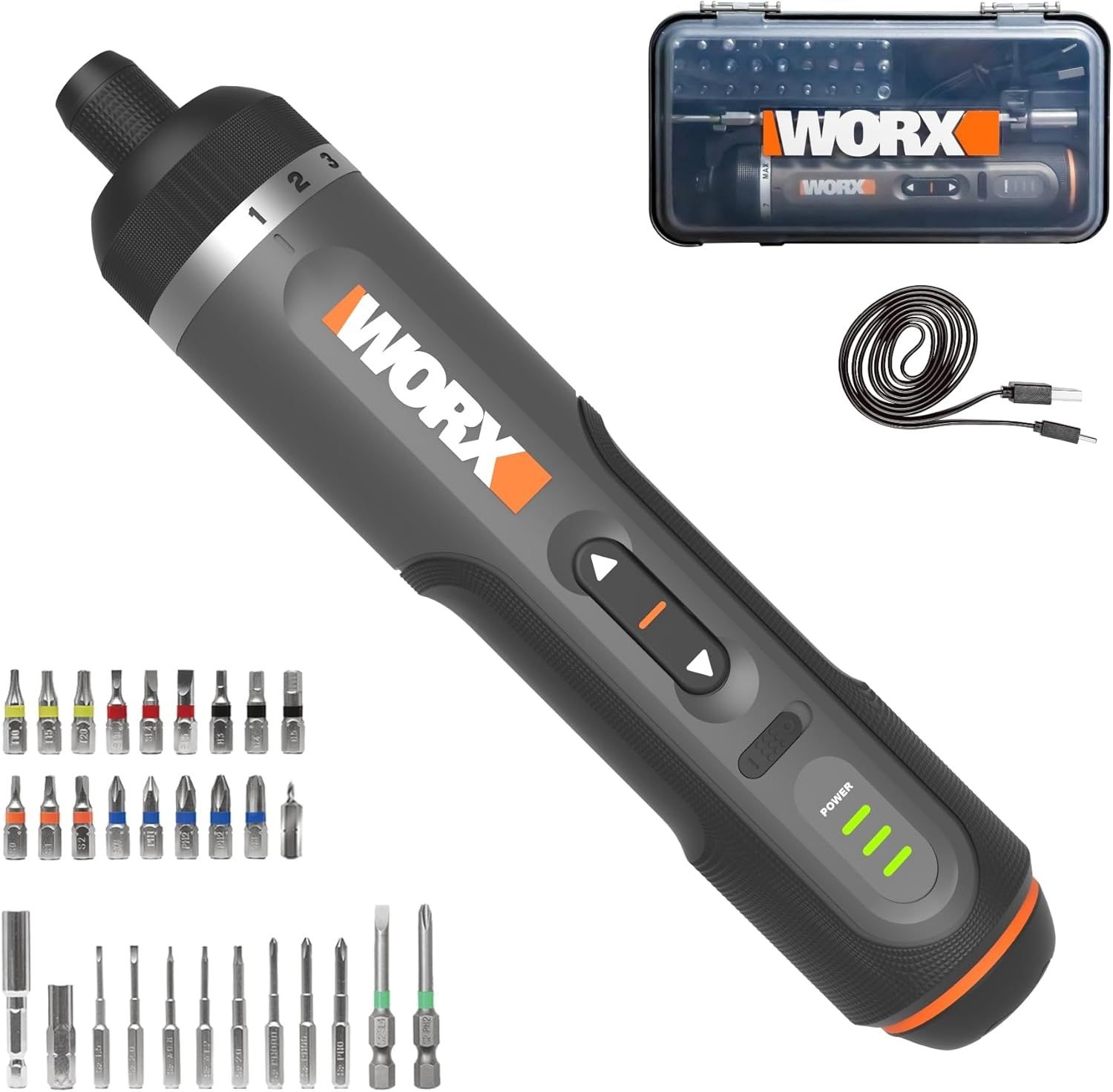 WORX 무선 드라이버, 4V 30개 액세서리 키트, WX242L | 충전식 배터리 포함, 블랙/실버 색상, 가정용 DIY, 조립, 가구