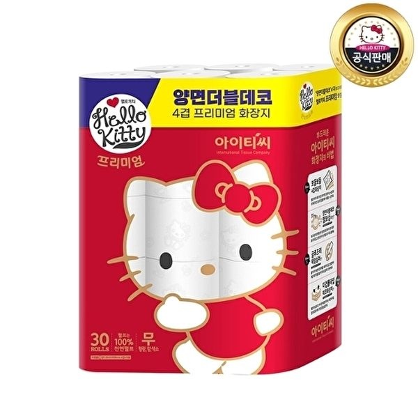 [홈스웰]헬로키티 4겹 천연펄프 화장지 프리미엄 레드 (30M 30롤) 1팩 30롤